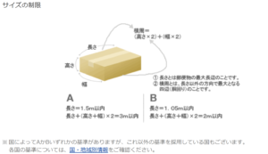 国際郵便の規定サイズの画像です。長辺の長さが1.5m以内で全辺が3m 以内の規定の国、長辺の長さが1.05m以内で全辺が2m以内が規定の国があります。